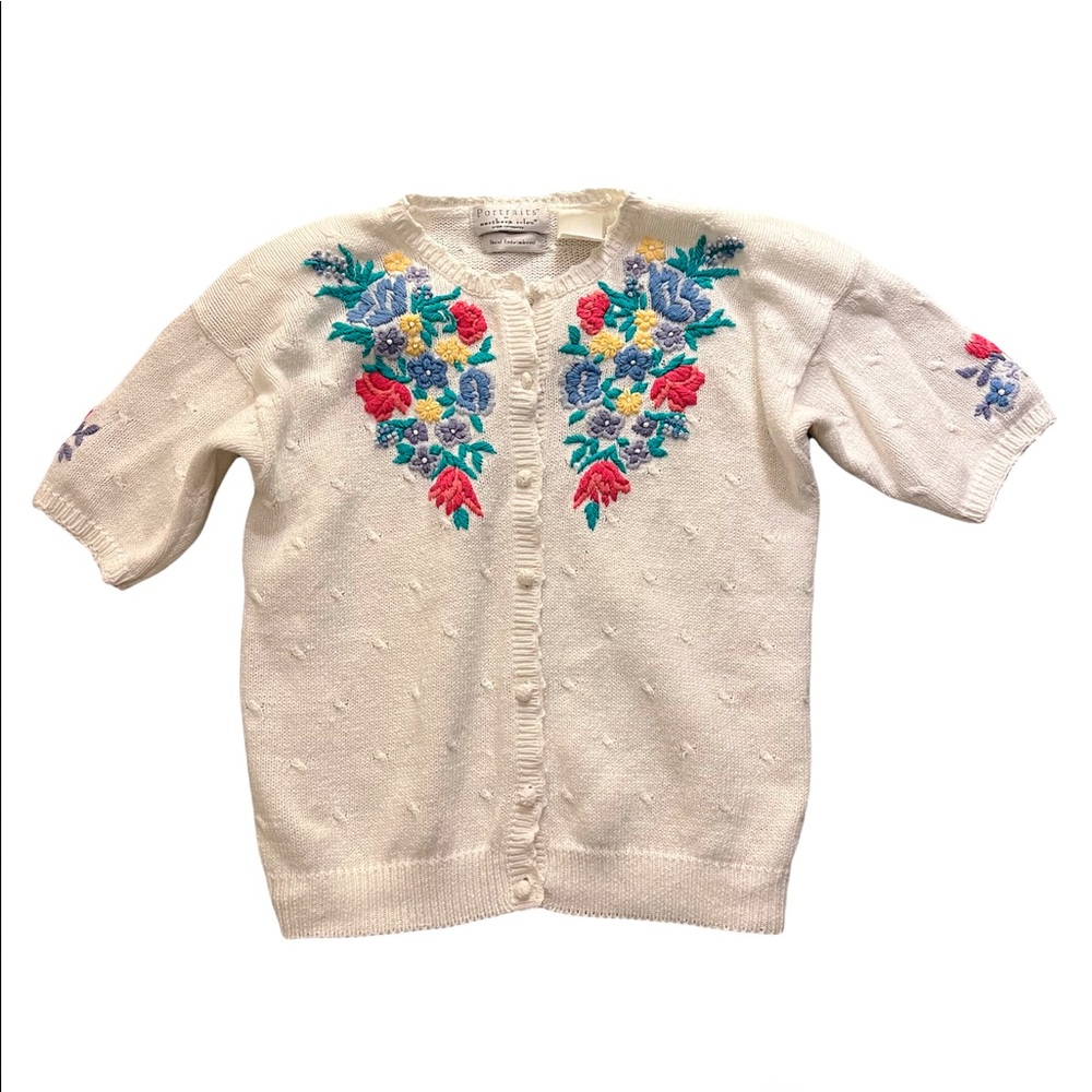 Vintage White Hand Embroidered Knit Short-Sleeve Cardigan
